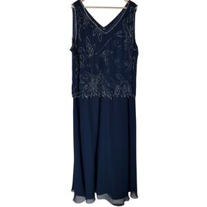 J Kara Beaded Gown Women 22W Navy Blue Excellent Floral Chiffon Maxi Dress